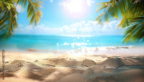 Golden sand and palm leaves blur in a beautiful wide panorama of a paradise beach. Summer banner  tranquil shore  tropical getaway  coastal paradise.