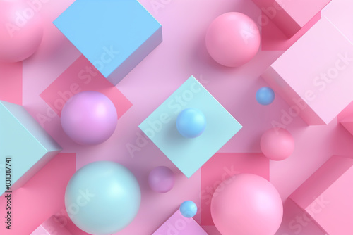 Abstract geometric background with cubes and spheres in pastel colors, photo