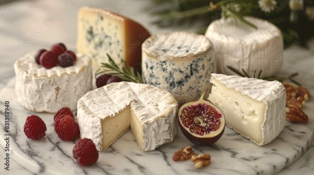 Assorted gourmet cheeses with fruit and nuts on a marble table