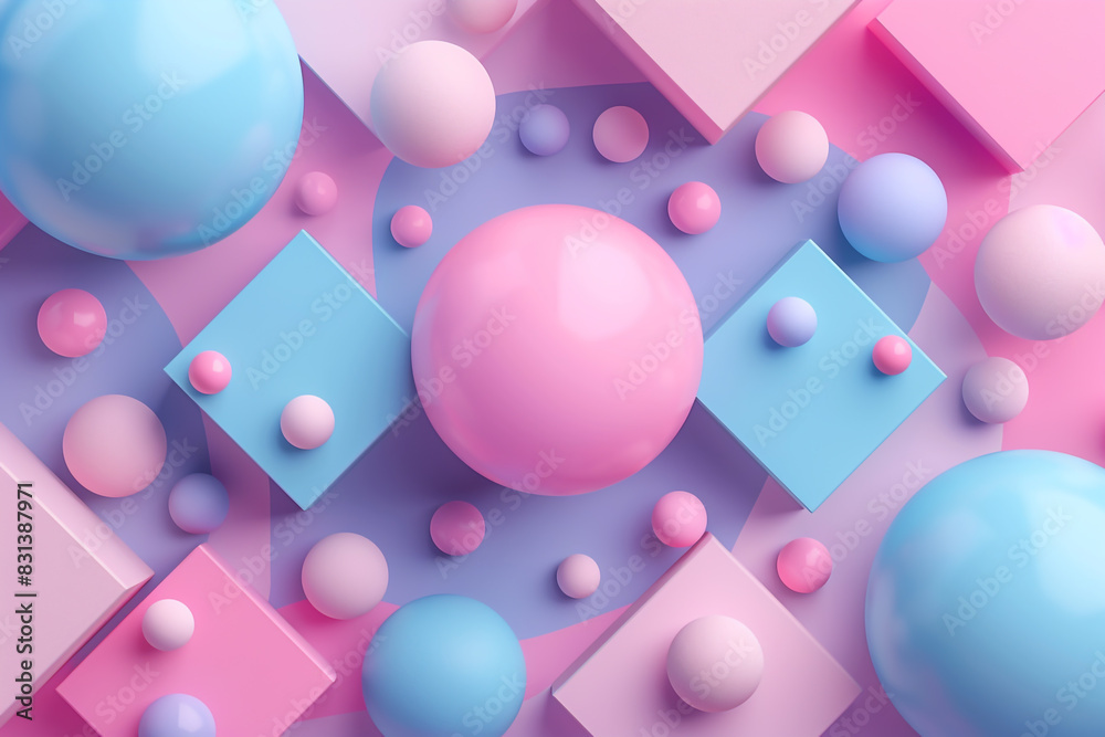 Abstract geometric background with cubes and spheres in pastel colors ...