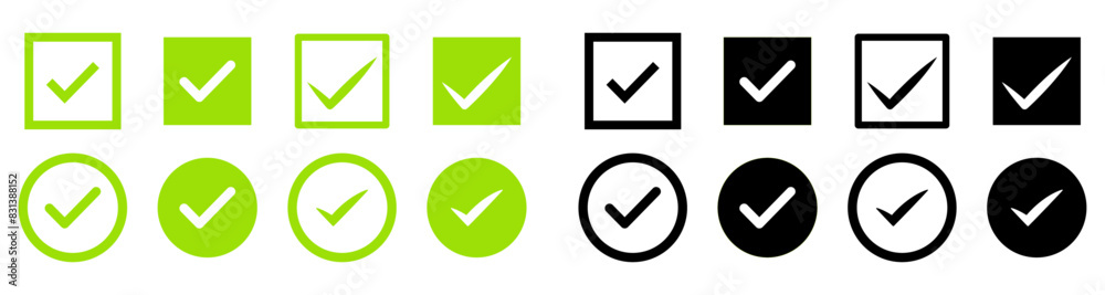 Check mark icon vector set. Check box icon with right or yes checkmark icons. Tick box, checkbox symbol sign vector illustration. Check mark icon vector set. Check box icon with right or yes checkmark icons. Tick box, checkbox symbol sign vector illustration.