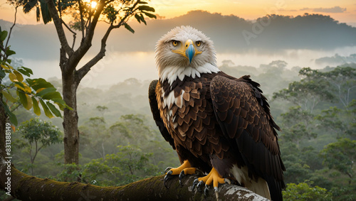 An eagle with brown and white feathers is perched on a branch in front of a green jungle canopy. photo
