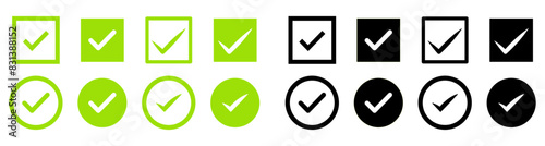 Check mark icon vector set. Check box icon with right or yes checkmark icons. Tick box, checkbox symbol sign vector illustration.