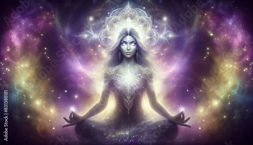 Mystical Meditating Female With Glowing Eyes And Third Eye Concept Surrounded By Cosmic Light Halo - AI Generated