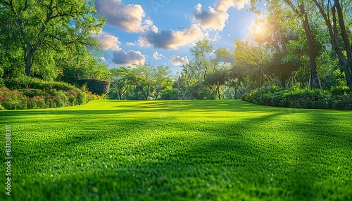 bright summer day background, manicured country lawn surrounded by trees and shrubs, presents a beautiful wide format image. Nature's embrace in spring and summer, picturesque landscape, lush greenery