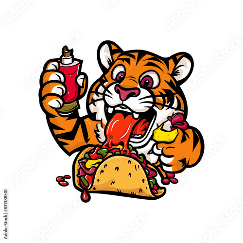 Playful tiger eating taco vector illustration