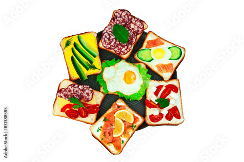 appetizing sandwiches in a gray plate on a white background. slices of bread with vegetables and meat in a plate on a light texture	