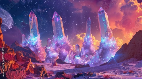 Alien planet with towering crystal formations and glowing flora, vibrant colors, digital painting, otherworldly and enchanting,