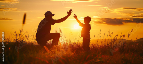 Silhouette of happy father high five with his son, Father's day concept, parent and child relations