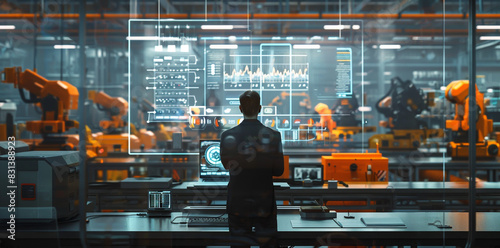 An engineer is holding an electronic tablet in his hand and stands near the holographic interface of digital images photo