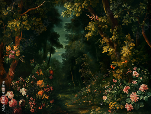 Surreal art fantasy scene secret mysterious garden of flowers and plants, peonies, tulips, roses, orchids, fruits. Baroque, renaissance style, rich colors, dramatic lighting, oil painting illustration