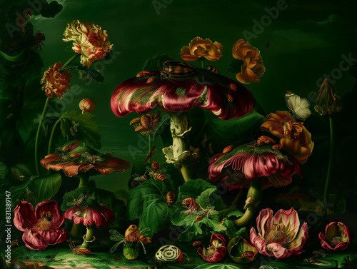 Surreal art fantasy scene secret mysterious garden of flowers and plants, peonies, tulips, roses, orchids, fruits. Baroque, renaissance style, rich colors, dramatic lighting, oil painting illustration
