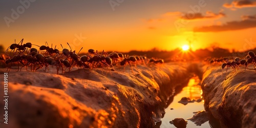 Intricate social behaviors of insects showcased in a bustling ant colony at sunset. Concept Insect Behavior, Ant Colony, Sunset, intricate social behaviors photo