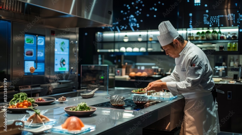 A chef is busily preparing food in a commercial kitchen, surrounded by ingredients, utensils, and cooking equipment. A chef is busily preparing food in a commercial kitchen, surrounded by ingredients, utensils, and cooking equipment.
