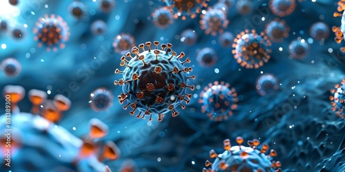 Harnessing the Power of Immunotherapy: A Microscopic View of Floating Viruses Fighting Diseases like Cancer. Concept Cancer Immunotherapy, Virus Interaction, Microscopic Imaging, Disease Fighting,