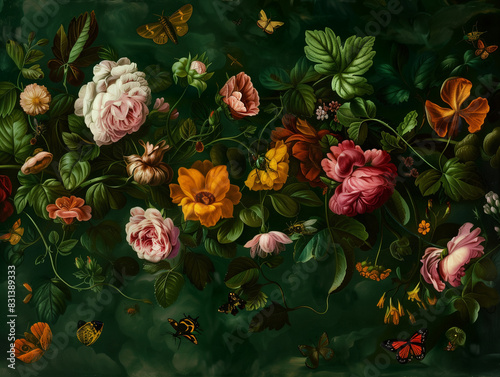 Surreal art fantasy scene secret mysterious garden of flowers and plants, peonies, tulips, roses, orchids, fruits. Baroque, renaissance style, rich colors, dramatic lighting, oil painting illustration
