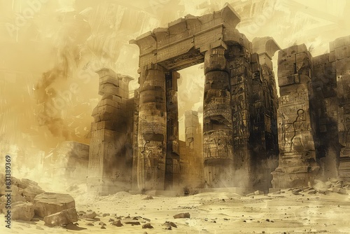 An ancient ruin halfburied in the desert sand, with eroded stone pillars and mysterious carvings, mystical and historic, sepia tones, vintage sketch style, photo