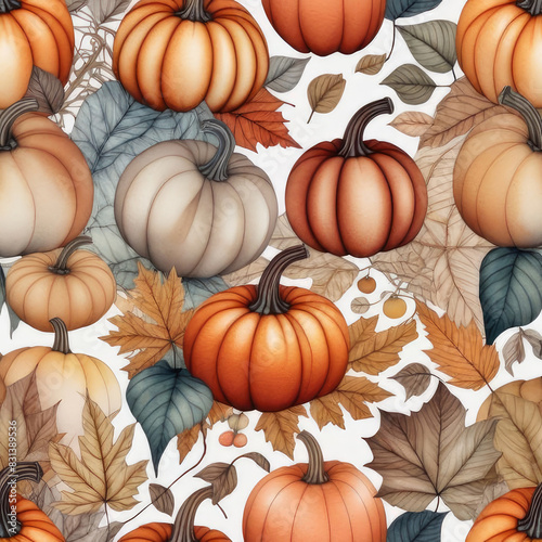 Fall light background. Autumn seamless pattern with pumpkins  leaves and seasonal plants.