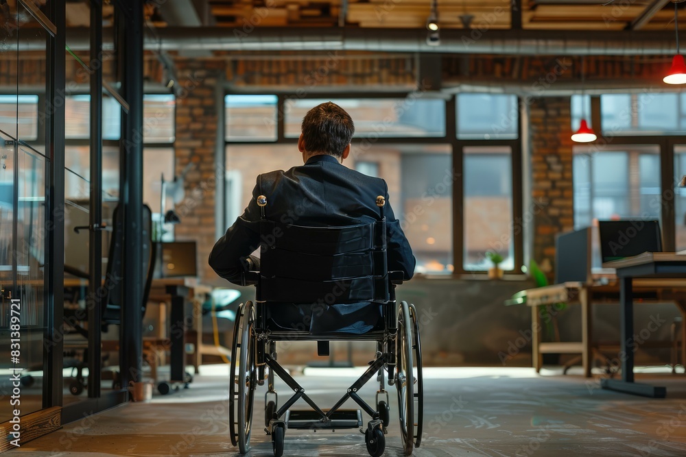 Back view of a businessman in a wheelchair in a modern office setting