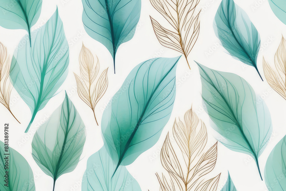Obraz premium Artistic background with leaves wallpaper for banner design, and poster fall leaves in cool mint, seafoam green and gold colors.