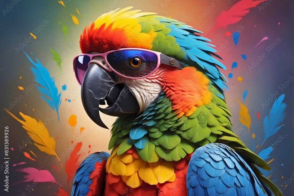 Fototapeta premium Colorful abstract portrait painting of a tropical exotic animal ara parrot bird with sunglasses, nature theme concept texture design. 