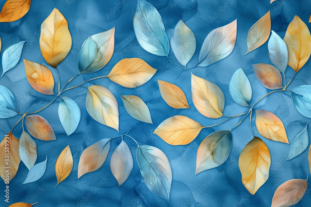 A pattern of blue and yellow leaves on blue fabric in a watercolour style A pattern of blue and yellow leaves on blue fabric in a watercolour style