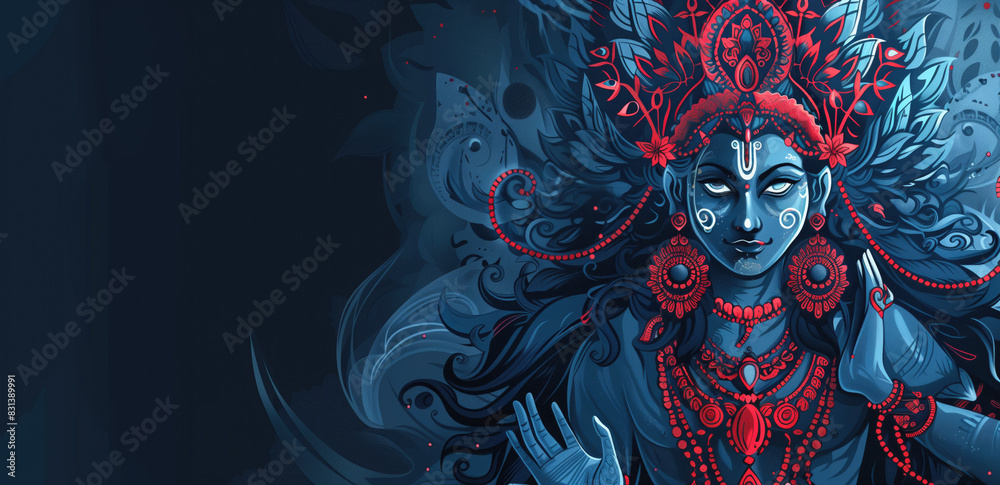 Fototapeta premium Indian Goddess Kali Illustration with Blue and Red Accents.