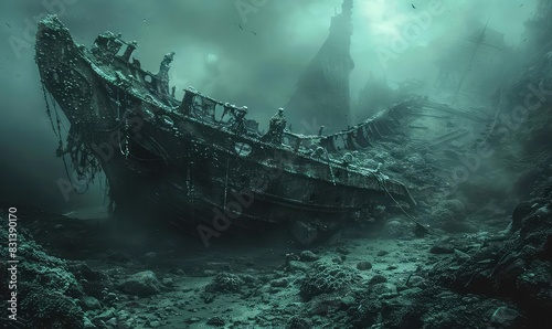 Ancient coralcovered shipwreck, muted tones, photorealistic, historical and mysterious, photo