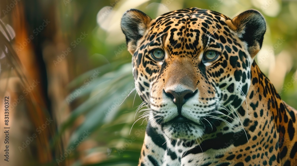Fototapeta premium Female Jaguar in adulthood gazing in a different direction from the camera