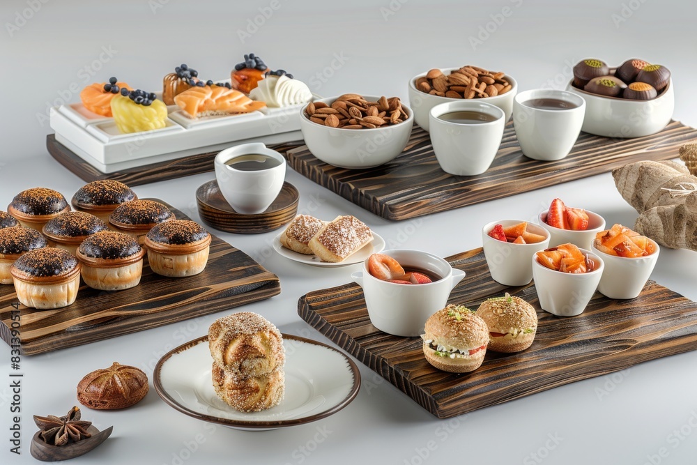 Gourmet breakfast spread with assorted pastries and beverages, creating a delightful and inviting meal setting Gourmet breakfast spread with assorted pastries and beverages, creating a delightful and inviting meal setting