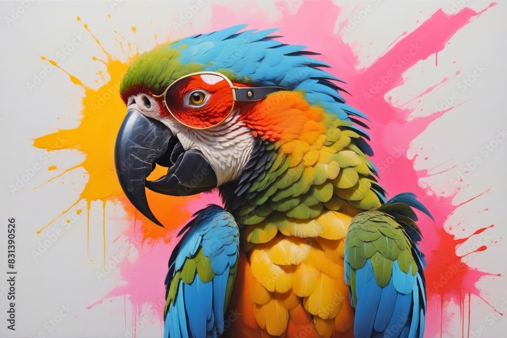 Fototapeta premium Colorful abstract portrait painting of a tropical exotic animal ara parrot bird with sunglasses, nature theme concept texture design. 