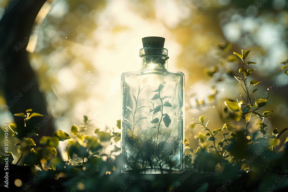 Double exposure portrait of bottle blended with nature. Natural strength in a bottle. Organic drink. The concept of mindful eating. Proper nutrition. Alcohol drink. Double exposure portrait of bottle blended with nature. Natural strength in a bottle. Organic drink. The concept of mindful eating. Proper nutrition. Alcohol drink.
