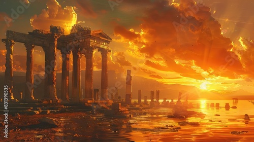 Ancient ruins illuminated by the setting sun, rich golden hues, photorealistic, digital painting, serene and majestic, photo