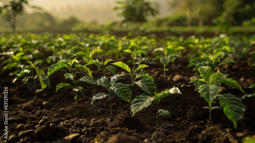 Young coffee plants are thriving in the early morning light on a farm  surrounded by rich  fertile soil.