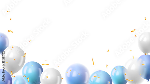 Blue balloons and gold confetti on white background for birthday, party, holiday, baby. vector illustration