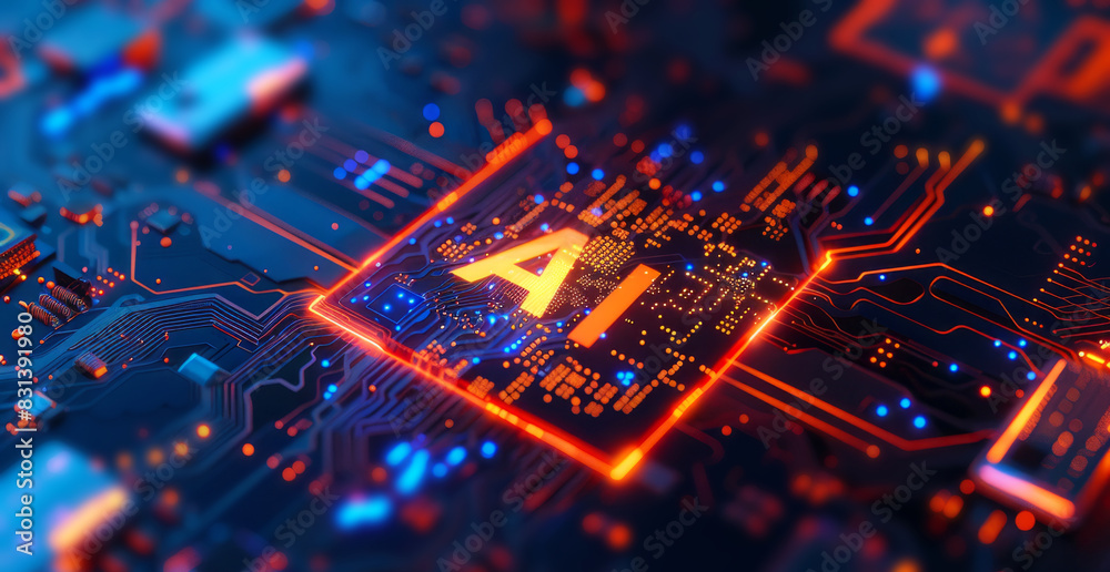 A vibrant blue and orange artificial intelligence microchip stands out with its intricate pattern of connectivity A vibrant blue and orange artificial intelligence microchip stands out with its intricate pattern of connectivity