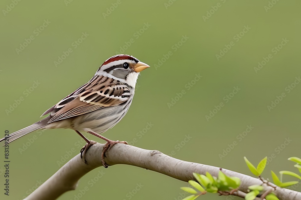 A small, brown sparrow perches on a branch of a lush, green tree, singing a sweet melody. A small, brown sparrow perches on a branch of a lush, green tree, singing a sweet melody.