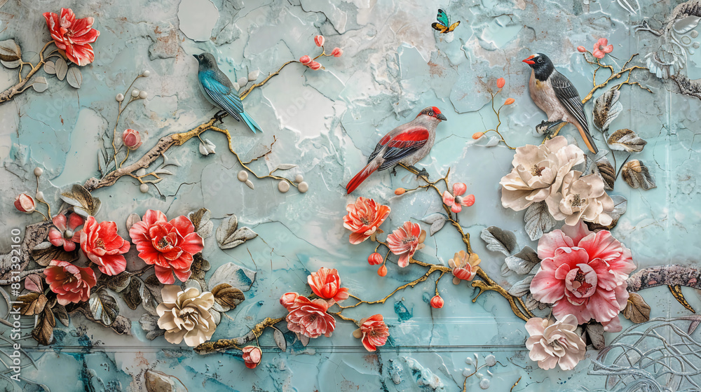 3D blooming flowers and birds, Fluid abstract expressionism, Aesthetics colorful floral inspirational tenderness illustration, oil paint, 3D Wall decoration photo, Generated AI.