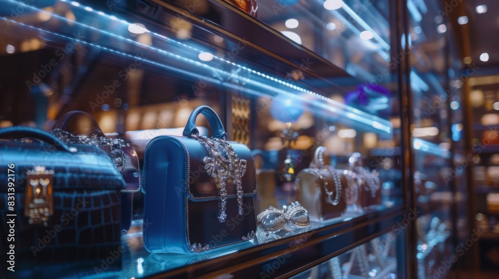 A display case filled with a diverse selection of purses, showcasing different sizes, colors, and styles for potential buyers. A display case filled with a diverse selection of purses, showcasing different sizes, colors, and styles for potential buyers.