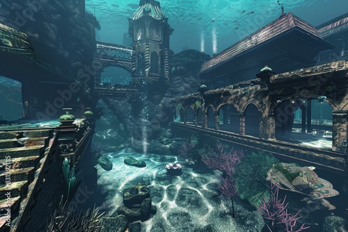 Mysterious underwater ruins of a lost civilization with coral and fish in the depths