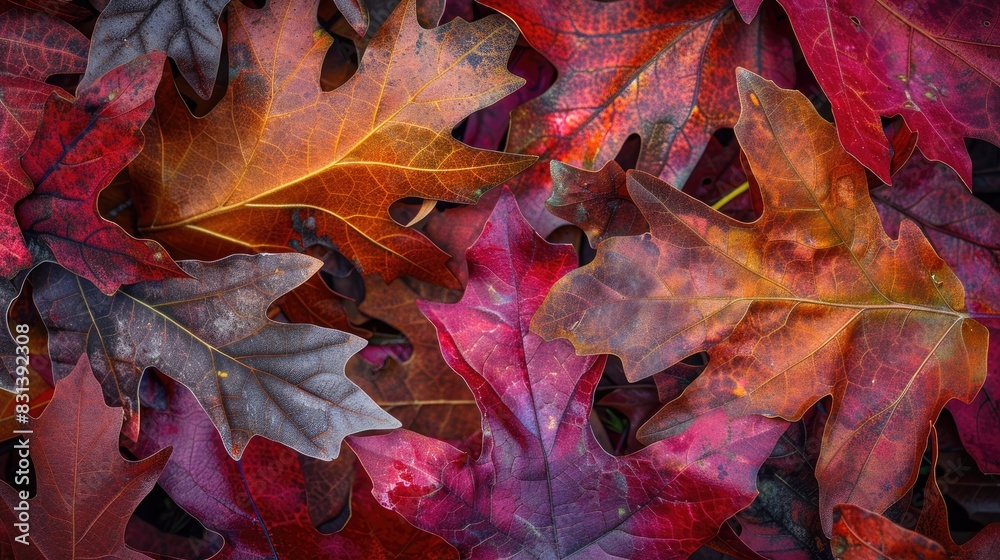Close up of textured red leaves in autumn foliage with a multicolored background of oak tree leaves showcasing the beauty of the season Close up of textured red leaves in autumn foliage with a multicolored background of oak tree leaves showcasing the beauty of the season