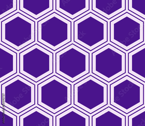 Honeycomb hexagons background. Purple color on matching background. Hexagon mosaic pattern with inner solid cells. Large hexagons. Seamless pattern. Tileable vector illustration.