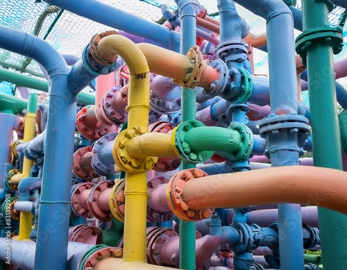 A Colorful Pipe System With Many Different Colored Pipes, Brightly colored industrial pipes weaving together intricately