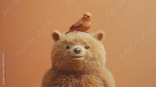 close up of a brown bear with bird 