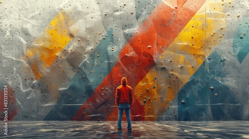 illustration a man looking on climbing gym wall. photo