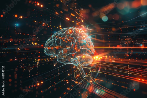 A data stream flowing into a digital brain  illustrating machine learning