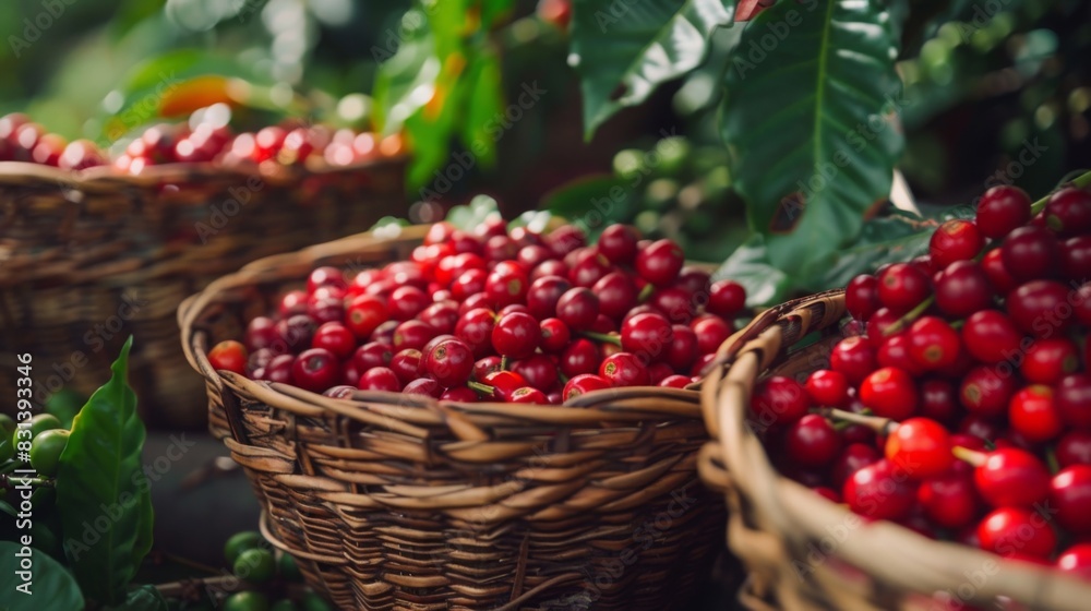 Baskets filled with ripe red coffee cherries are displayed under lush green foliage on a coffee plantation in the late afternoon sunlight. Baskets filled with ripe red coffee cherries are displayed under lush green foliage on a coffee plantation in the late afternoon sunlight.