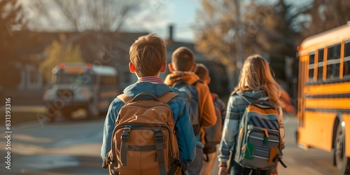 Students with backpacks getting on the school bus. Concept School, Students, Backpacks, School Bus, Transportation photo