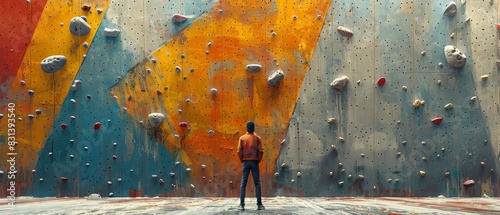 illustration a man looking on climbing gym wall. photo