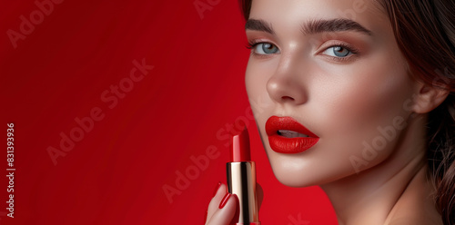 beautiful woman with red lipstick on lips, red background, photo